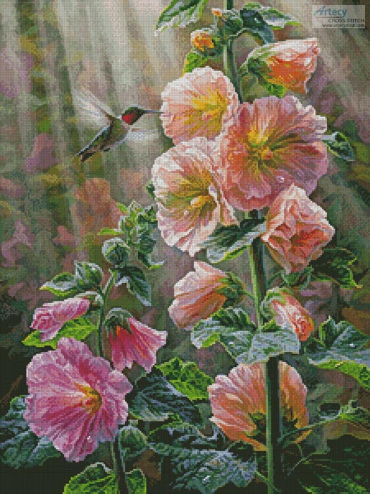 (image for) Ruby Throated Hummingbird & Hollyhocks